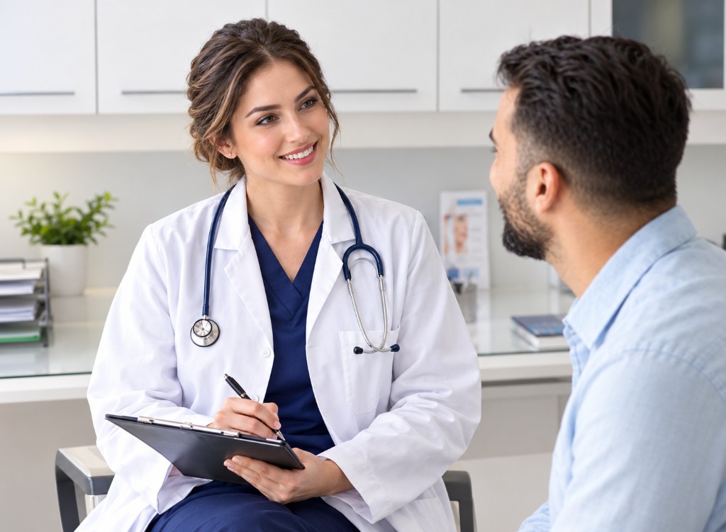 Doctor in consultation with a patient, taking notes on a clipboard