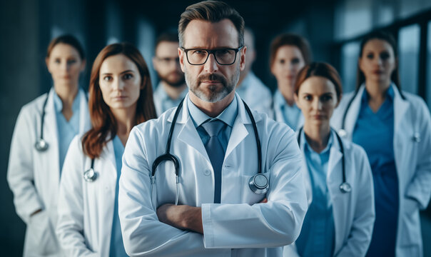 Doctors and nurses standing together as a clinic team
