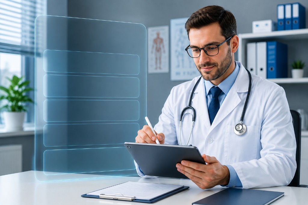 Doctor reviewing a client chart on a tablet